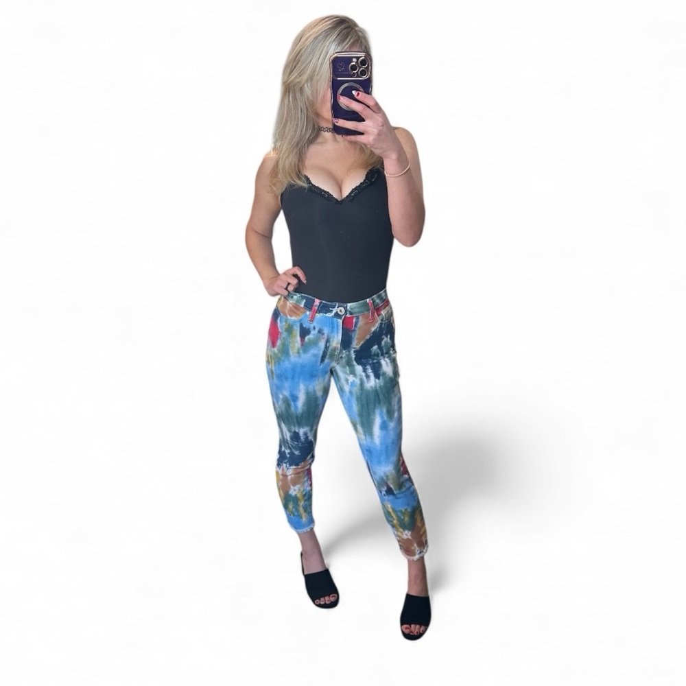 Y2K Revival Hydraulic Colorful Tie-Dye Cropped High Rise Jeans Size 4